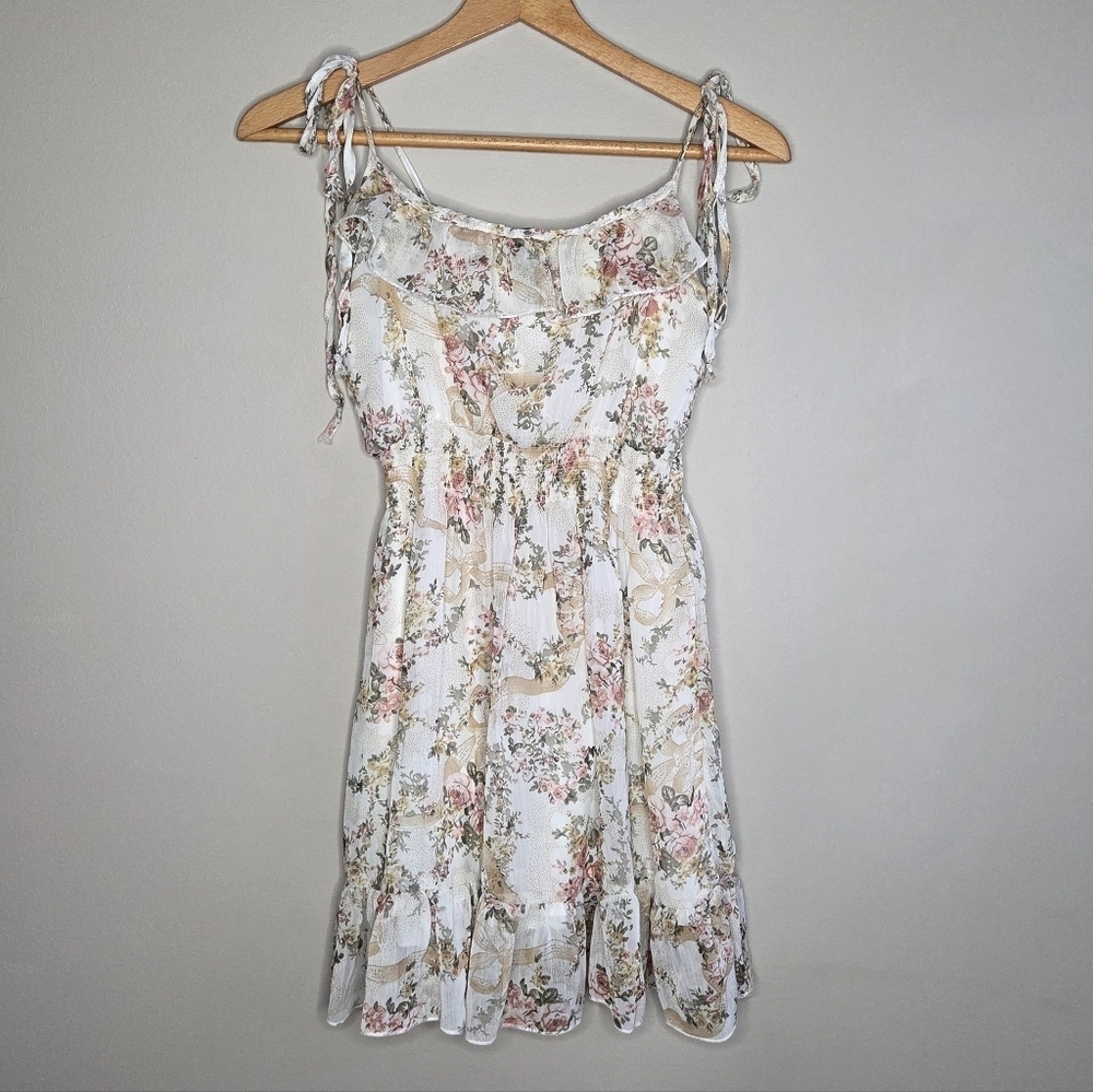 Y2K Style Wet Seal Cottagecore Floral Ruffle Mini Dress Tie Straps Size Medium